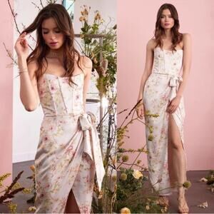 V. CHAPMAN June Floral Bustier Strapless Wrap Maxi Dress in Pink Rose Print Sz 2